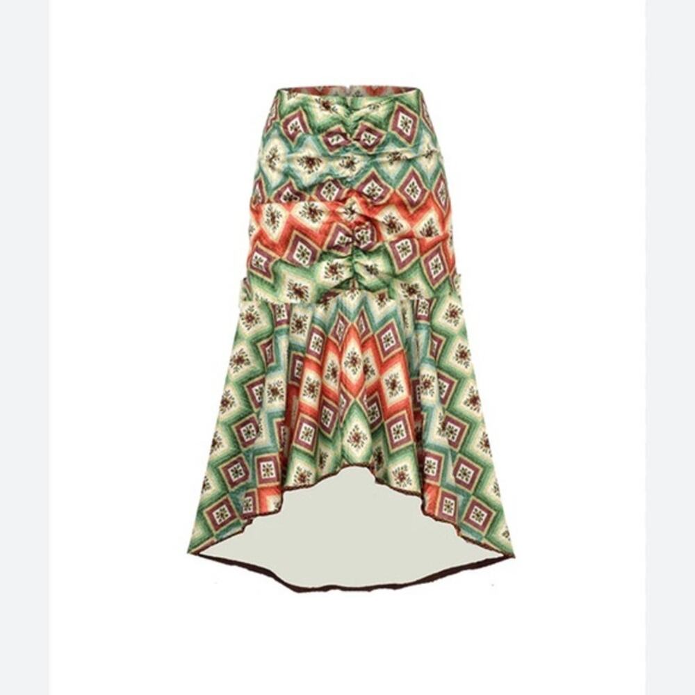 Autumn Adeigbo Soraya Geometric Print Ruched High Low Midi Skirt Size 10